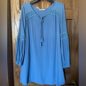 ✨Mi Ami Boho Chic Crochet Long Sleeve w/ Pockets short mini dress blue lace